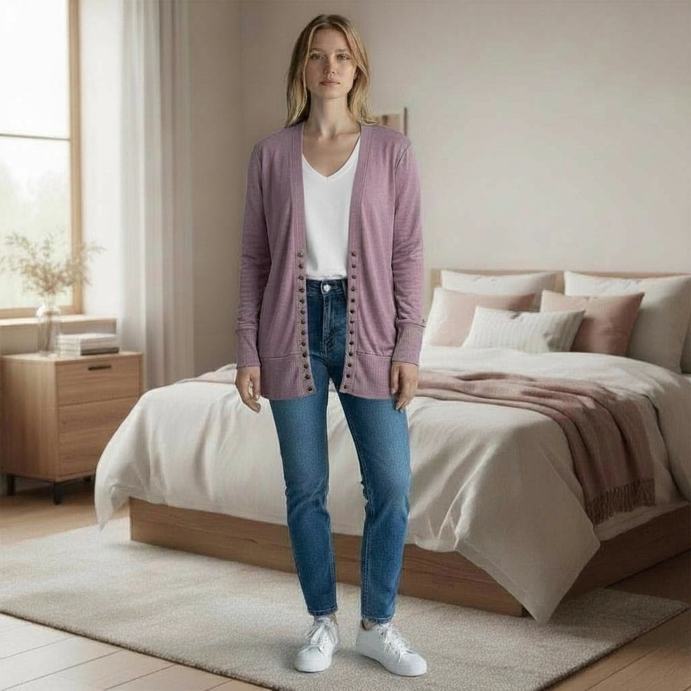 Zenana Outfitters‎ Lavender Cardigan Snap Front Ribbed Long Sleeve Women's L